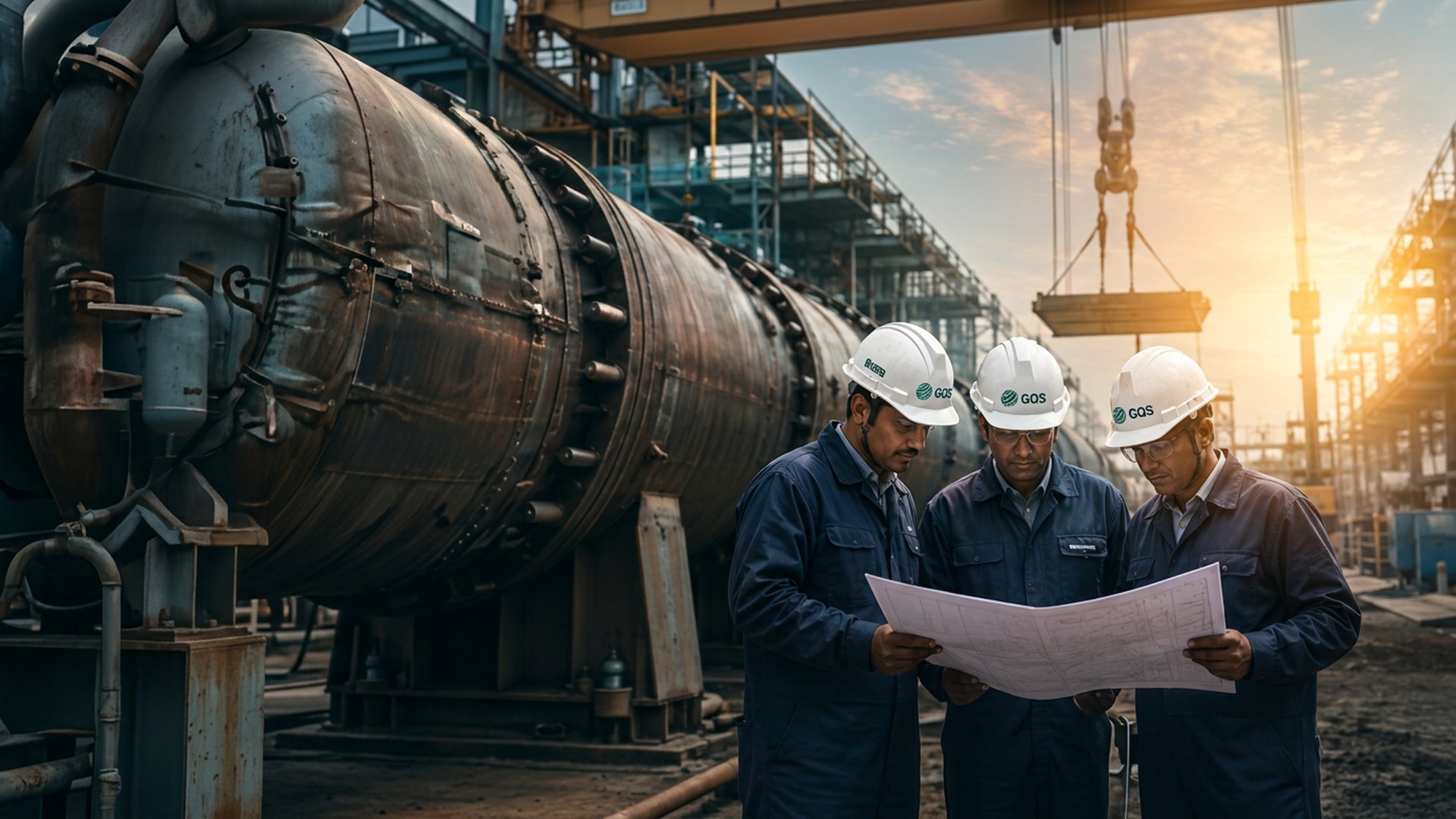 GQS engineers inspecting a refinery pressure vessel on site
